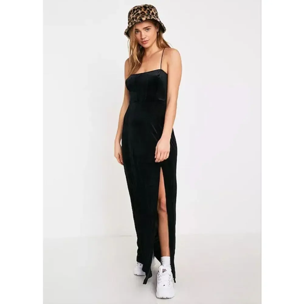 Free People All I Need Ribbed Velvet Maxi Slip Dress Gown Thigh Slit Black Small